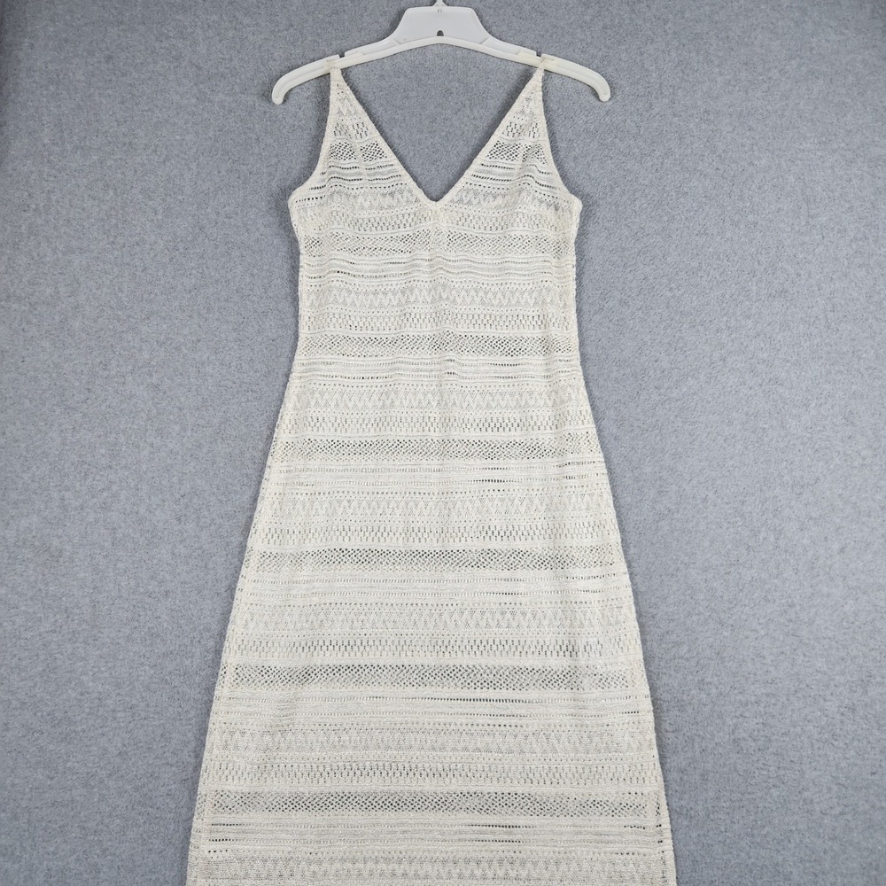 H&M Maxi Dress Womens XS Cream Pointelle Knit V-Neck Sleeveless Boho Side Slit
